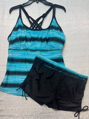 Plus Size Color Block Tankini Swimsuits Modest Bathing Suits Top with shorts 2XL